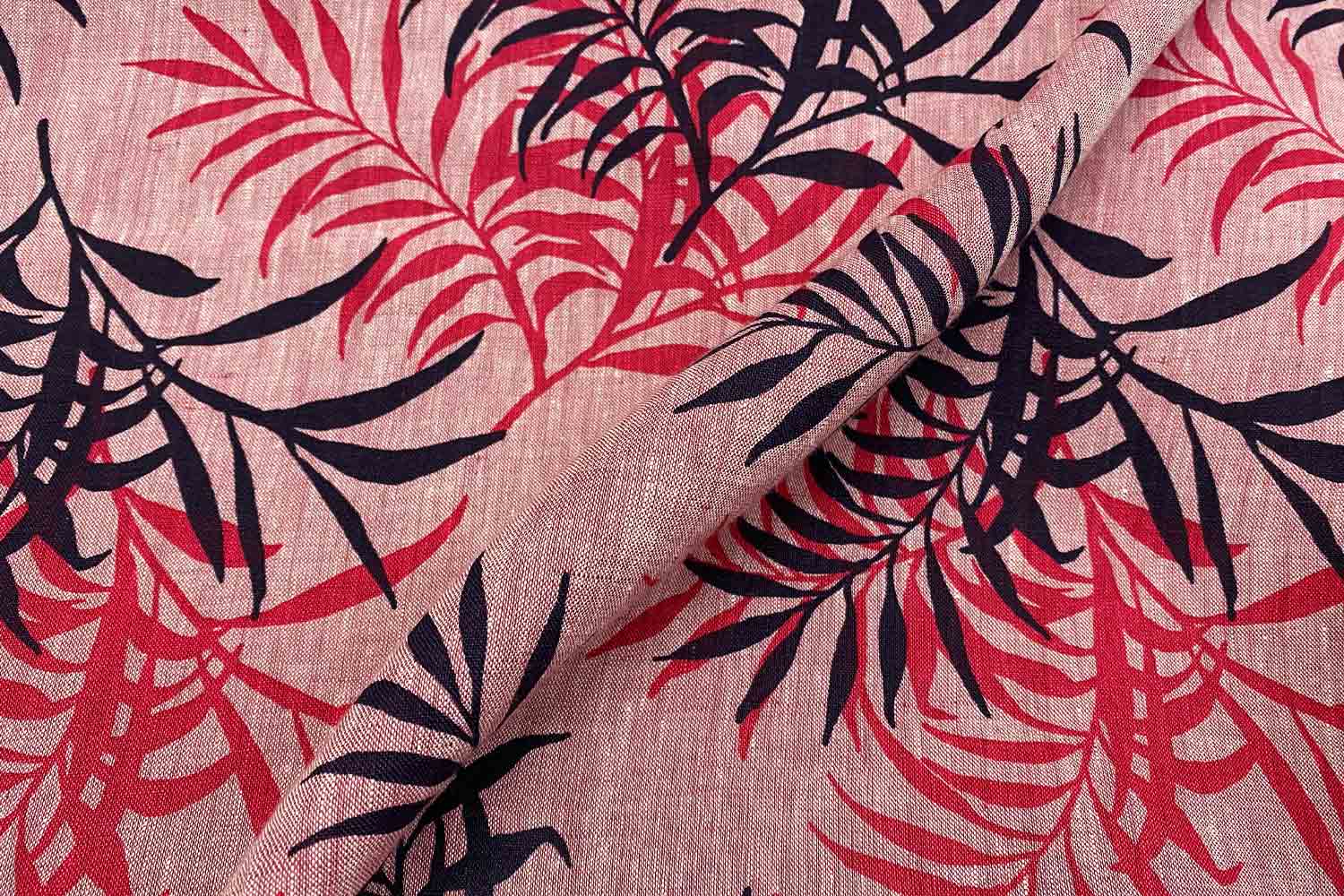 Leinen rote Bl&auml;tter grossgemustert Changeant